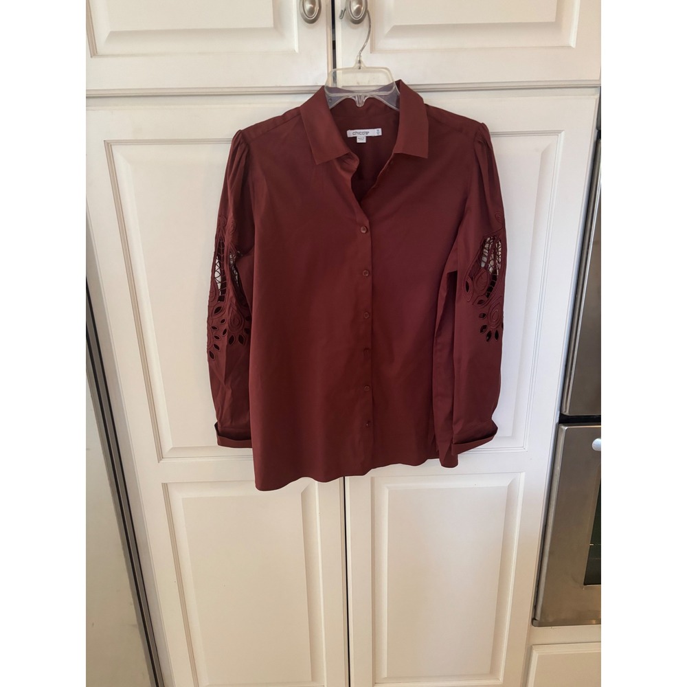 Chicos Mahogany Brown Eyelet Cutout Sleeve Button Down Shirt Size 1.5 US 10